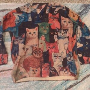 Yeano All Over Kitty Pullover Wool Blend Ugly Christmas Sweater Cat Lover Kitty